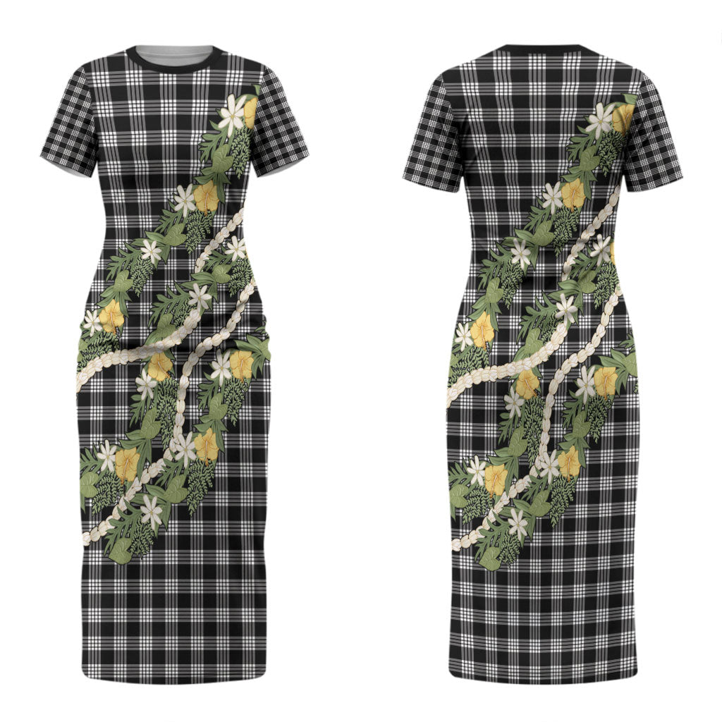 Aloha Puakenikeni Anthurium Pikake Lei Couples Matching Short Sleeve Bodycon Dress and Hawaiian Shirt Black Hawaiian Palaka Pattern LT9 - Polynesian Pride
