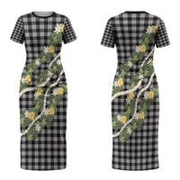 Aloha Puakenikeni Anthurium Pikake Lei Couples Matching Short Sleeve Bodycon Dress and Hawaiian Shirt Black Hawaiian Palaka Pattern LT9 - Polynesian Pride
