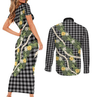 Aloha Puakenikeni Anthurium Pikake Lei Couples Matching Short Sleeve Bodycon Dress and Long Sleeve Button Shirt Black Hawaiian Palaka Pattern