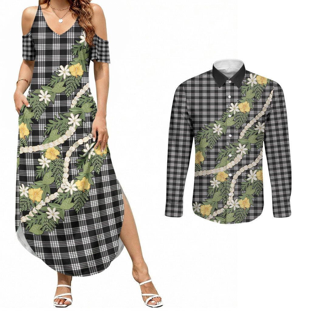 Aloha Puakenikeni Anthurium Pikake Lei Couples Matching Summer Maxi Dress and Long Sleeve Button Shirt Black Hawaiian Palaka Pattern LT9 Black - Polynesian Pride