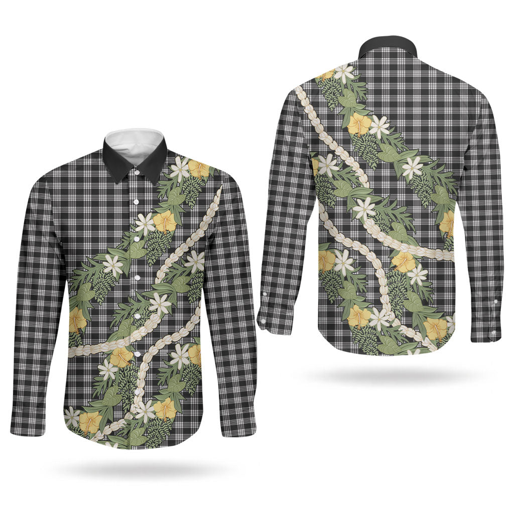 Aloha Puakenikeni Anthurium Pikake Lei Couples Matching Summer Maxi Dress and Long Sleeve Button Shirt Black Hawaiian Palaka Pattern LT9 - Polynesian Pride
