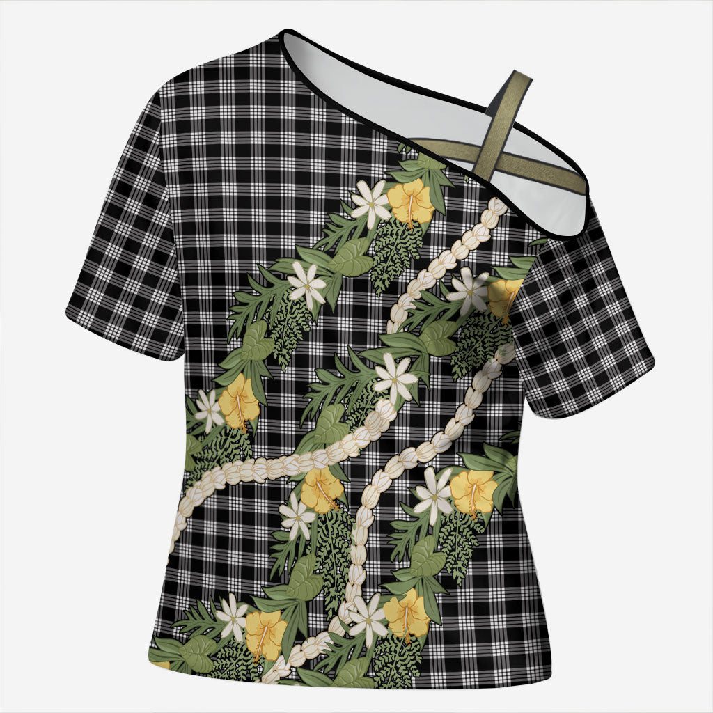 Aloha Puakenikeni Anthurium Pikake Lei Cross Shoulder Shirt Black Hawaiian Palaka Pattern