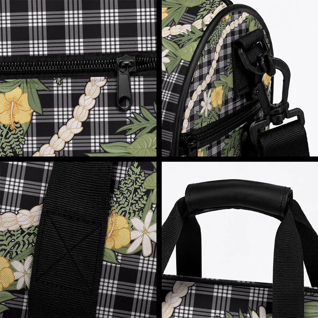 Aloha Puakenikeni Anthurium Pikake Lei Duffle Bag Black Hawaiian Palaka Pattern LT9 - Polynesian Pride