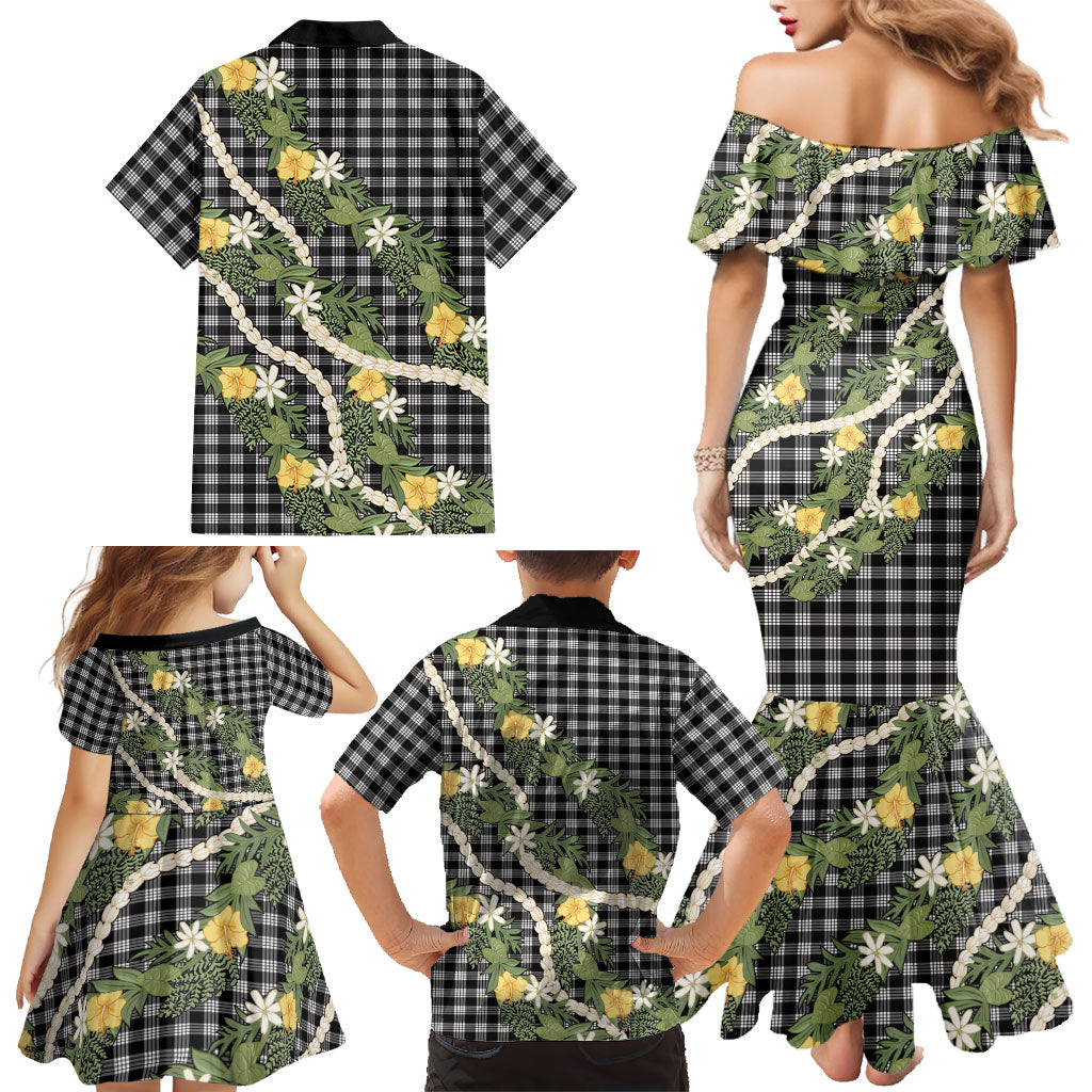 Aloha Puakenikeni Anthurium Pikake Lei Family Matching Mermaid Dress and Hawaiian Shirt Black Hawaiian Palaka Pattern LT9 - Polynesian Pride