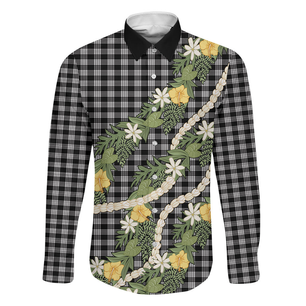 Aloha Puakenikeni Anthurium Pikake Lei Family Matching Mermaid Dress and Hawaiian Shirt Black Hawaiian Palaka Pattern LT9 Dad's Shirt - Long Sleeve Black - Polynesian Pride