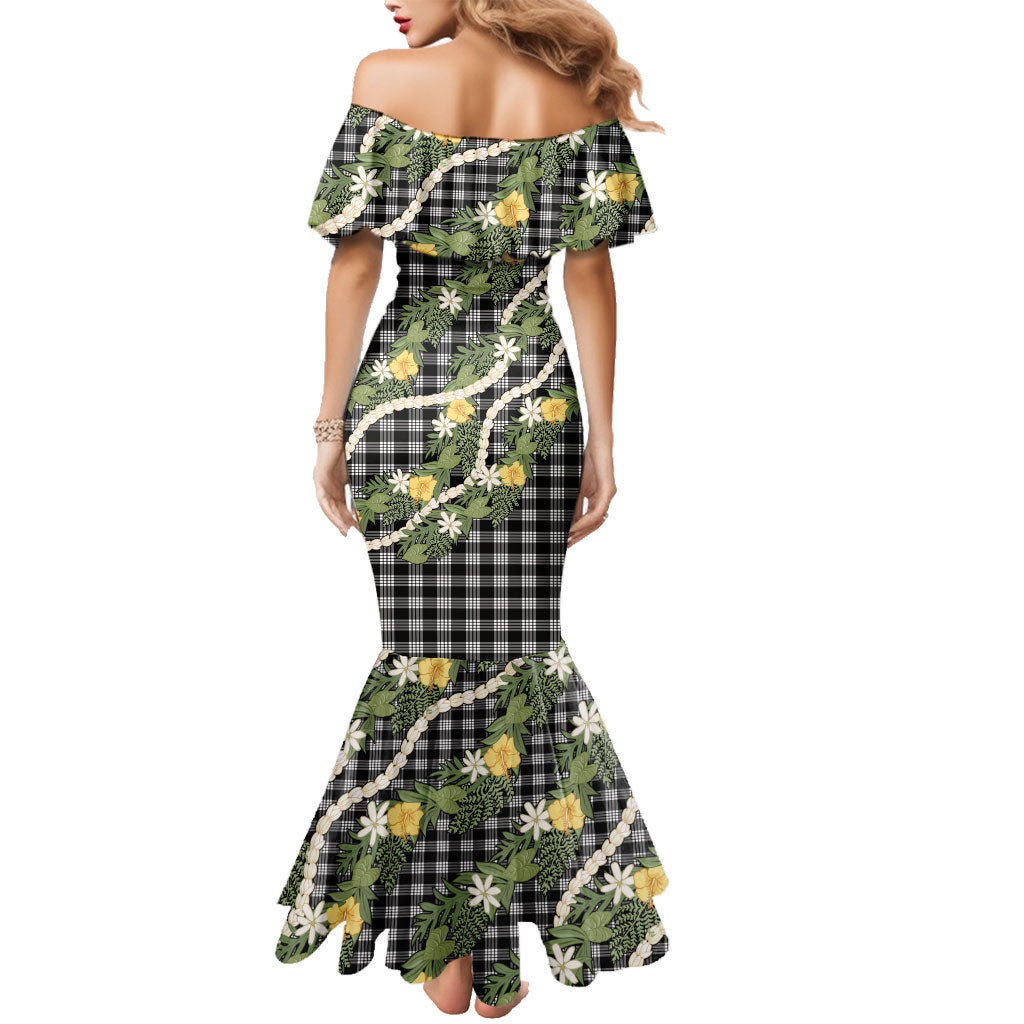 Aloha Puakenikeni Anthurium Pikake Lei Family Matching Mermaid Dress and Hawaiian Shirt Black Hawaiian Palaka Pattern LT9 - Polynesian Pride