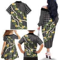 Aloha Puakenikeni Anthurium Pikake Lei Family Matching Off The Shoulder Long Sleeve Dress and Hawaiian Shirt Black Hawaiian Palaka Pattern LT9 - Polynesian Pride