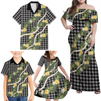 Aloha Puakenikeni Anthurium Pikake Lei Family Matching Off Shoulder Maxi Dress and Hawaiian Shirt Black Hawaiian Palaka Pattern LT9 - Polynesian Pride