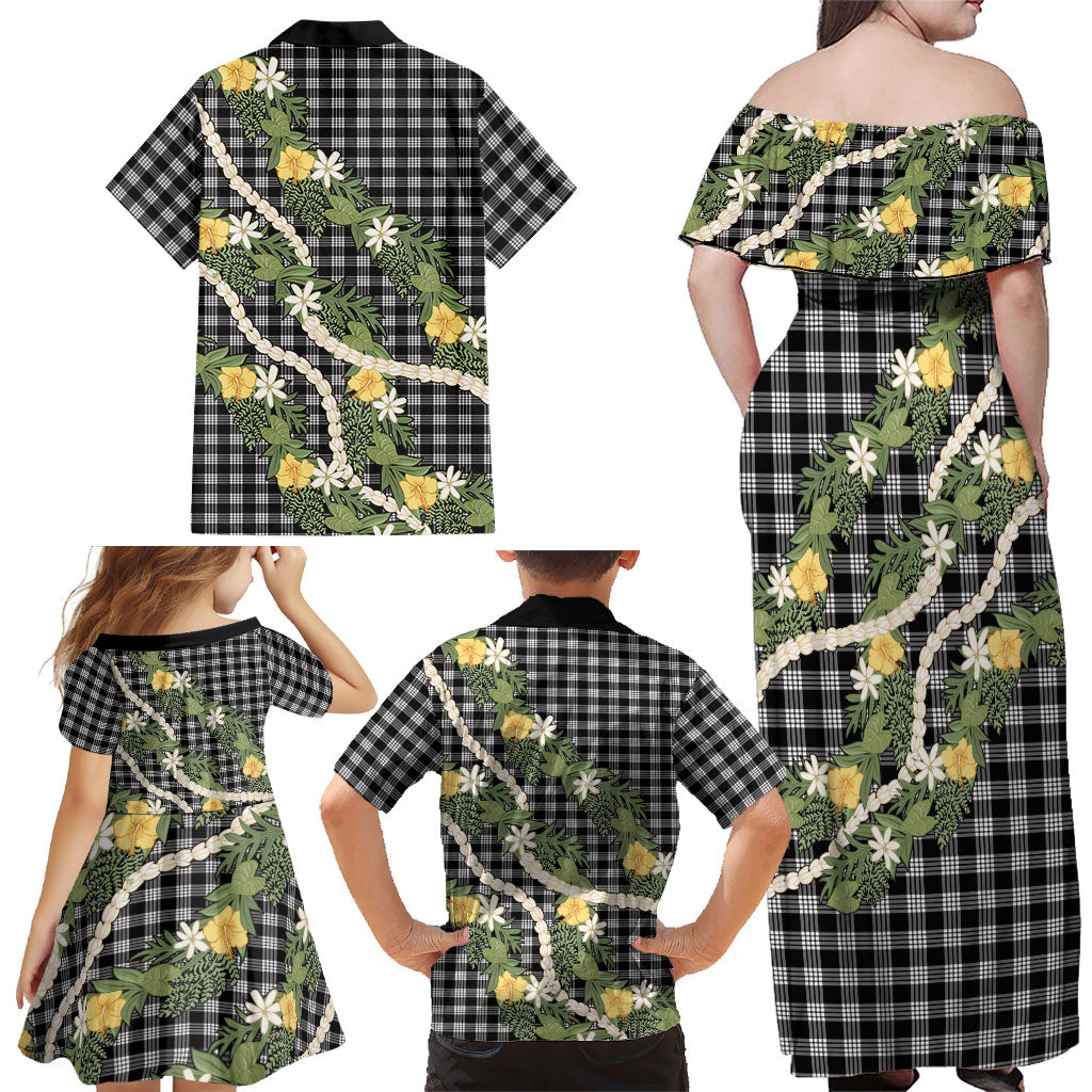 Aloha Puakenikeni Anthurium Pikake Lei Family Matching Off Shoulder Maxi Dress and Hawaiian Shirt Black Hawaiian Palaka Pattern LT9 - Polynesian Pride