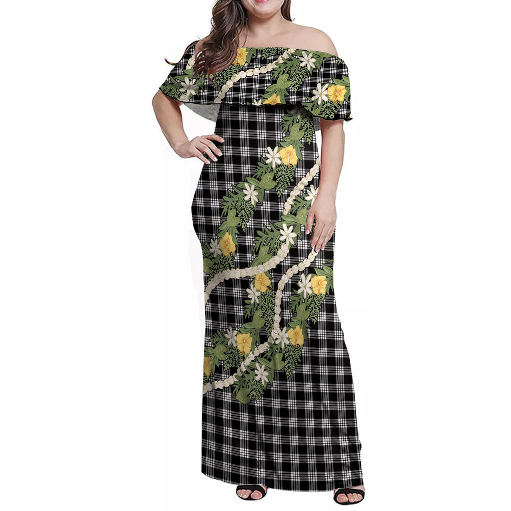 Aloha Puakenikeni Anthurium Pikake Lei Family Matching Off Shoulder Maxi Dress and Hawaiian Shirt Black Hawaiian Palaka Pattern LT9 Mom's Dress Black - Polynesian Pride