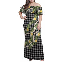 Aloha Puakenikeni Anthurium Pikake Lei Family Matching Off Shoulder Maxi Dress and Hawaiian Shirt Black Hawaiian Palaka Pattern LT9 Mom's Dress Black - Polynesian Pride
