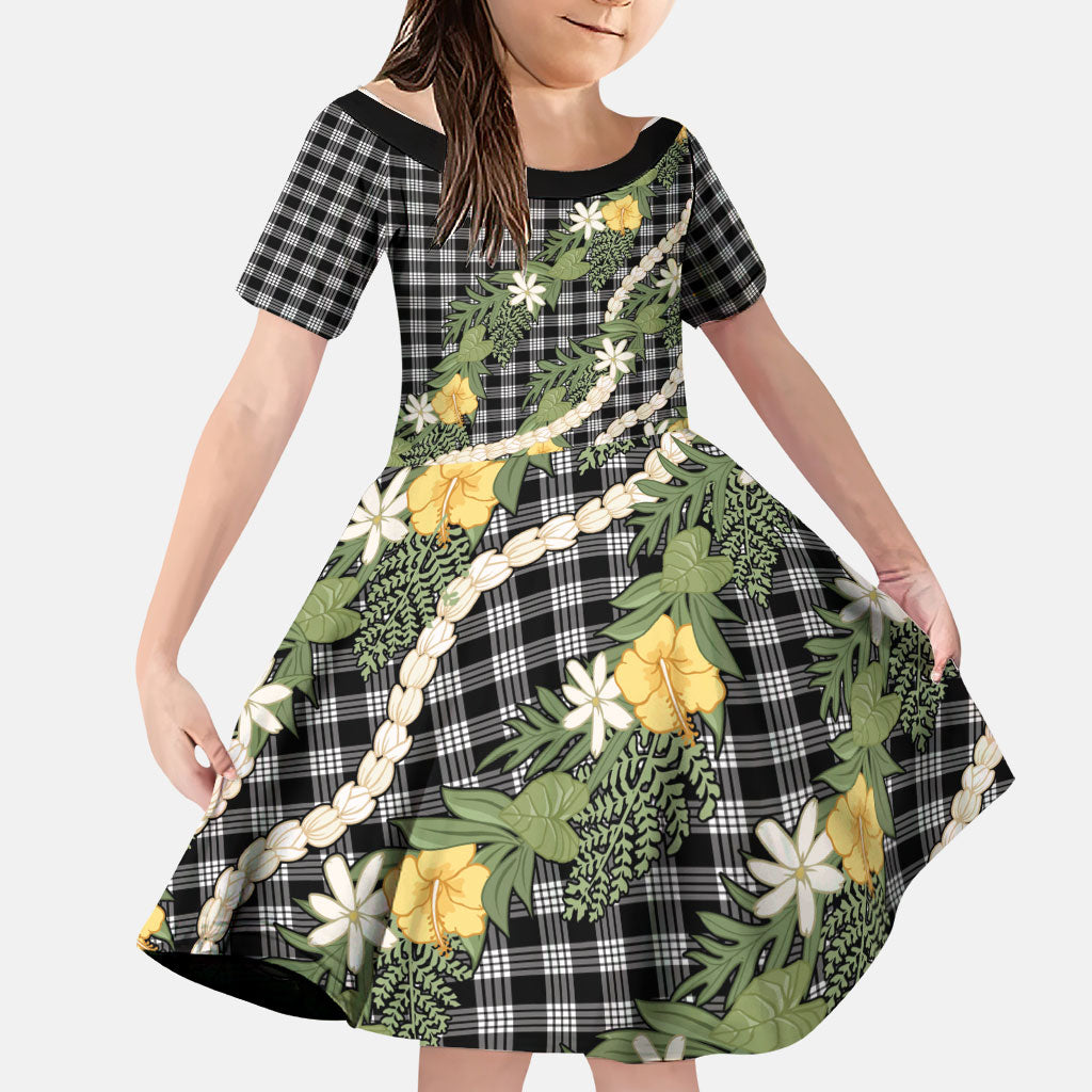 Aloha Puakenikeni Anthurium Pikake Lei Family Matching Off Shoulder Short Dress and Hawaiian Shirt Black Hawaiian Palaka Pattern LT9 Daughter's Dress Black - Polynesian Pride