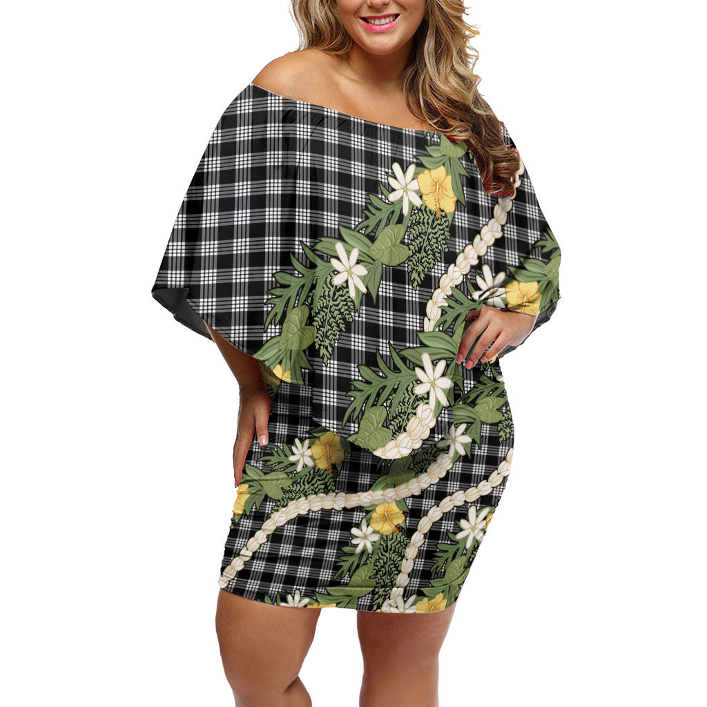 Aloha Puakenikeni Anthurium Pikake Lei Family Matching Off Shoulder Short Dress and Hawaiian Shirt Black Hawaiian Palaka Pattern LT9 Mom's Dress Black - Polynesian Pride