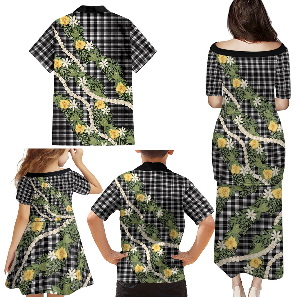Aloha Puakenikeni Anthurium Pikake Lei Family Matching Puletasi and Hawaiian Shirt Black Hawaiian Palaka Pattern