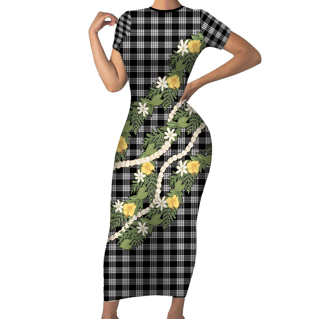 Aloha Puakenikeni Anthurium Pikake Lei Family Matching Short Sleeve Bodycon Dress and Hawaiian Shirt Black Hawaiian Palaka Pattern LT9 Mom's Dress Black - Polynesian Pride