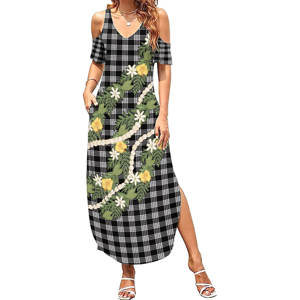 Aloha Puakenikeni Anthurium Pikake Lei Family Matching Summer Maxi Dress and Hawaiian Shirt Black Hawaiian Palaka Pattern LT9 Mom's Dress Black - Polynesian Pride