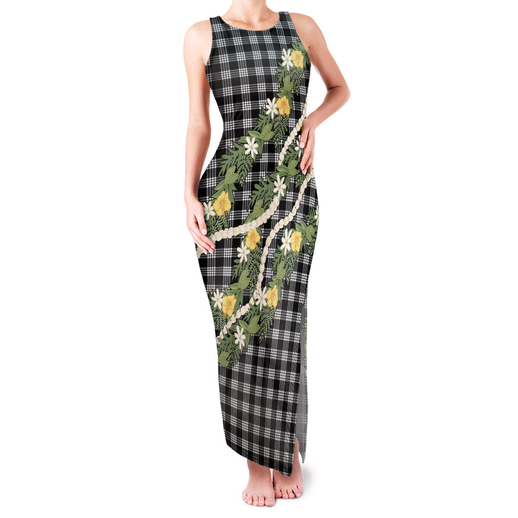 Aloha Puakenikeni Anthurium Pikake Lei Family Matching Tank Maxi Dress and Hawaiian Shirt Black Hawaiian Palaka Pattern LT9 Mom's Dress Black - Polynesian Pride