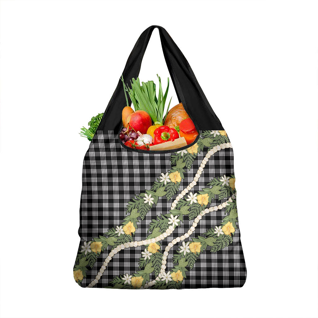 Aloha Puakenikeni Anthurium Pikake Lei Grocery Bag Black Hawaiian Palaka Pattern