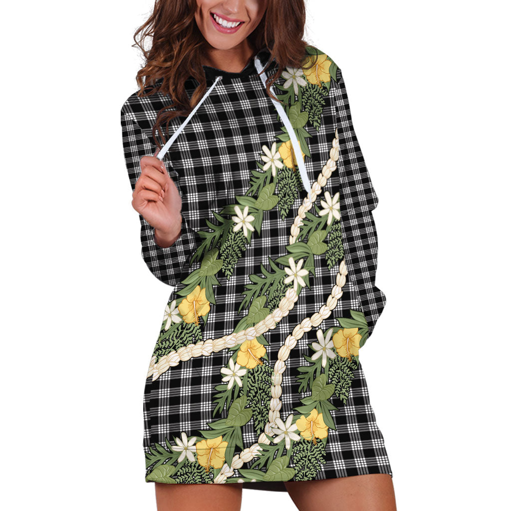Aloha Puakenikeni Anthurium Pikake Lei Hoodie Dress Black Hawaiian Palaka Pattern