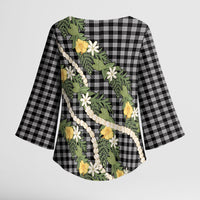 Aloha Puakenikeni Anthurium Pikake Lei Kimono Sleeve Blouse Black Hawaiian Palaka Pattern