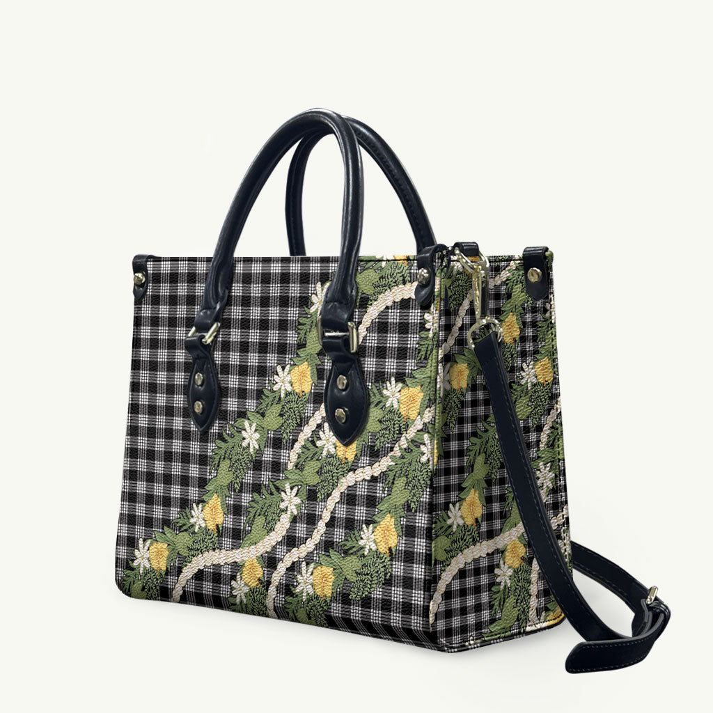 Aloha Puakenikeni Anthurium Pikake Lei Leather Bag Black Hawaiian Palaka Pattern