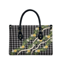 Aloha Puakenikeni Anthurium Pikake Lei Leather Bag Black Hawaiian Palaka Pattern