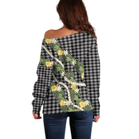 Aloha Puakenikeni Anthurium Pikake Lei Off Shoulder Sweater Black Hawaiian Palaka Pattern