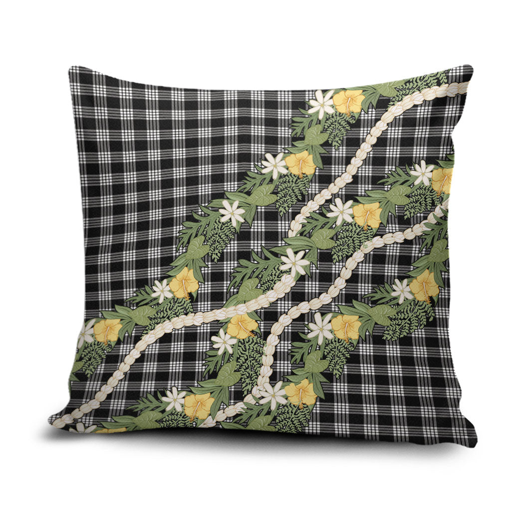Aloha Puakenikeni Anthurium Pikake Lei Pillow Cover Black Hawaiian Palaka Pattern