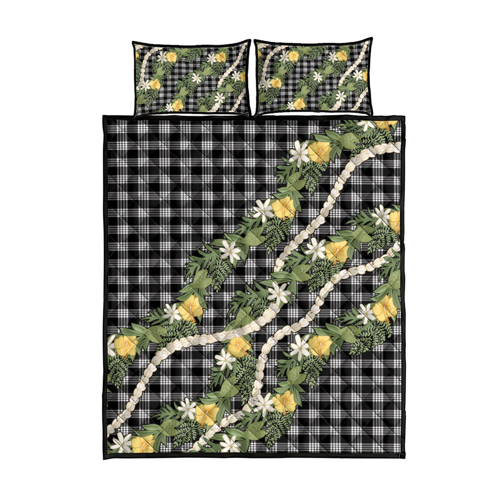 Aloha Puakenikeni Anthurium Pikake Lei Quilt Bed Set Black Hawaiian Palaka Pattern