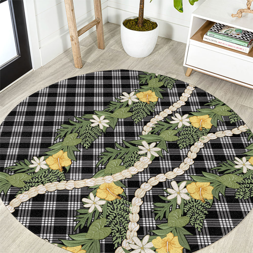 Aloha Puakenikeni Anthurium Pikake Lei Round Carpet Black Hawaiian Palaka Pattern