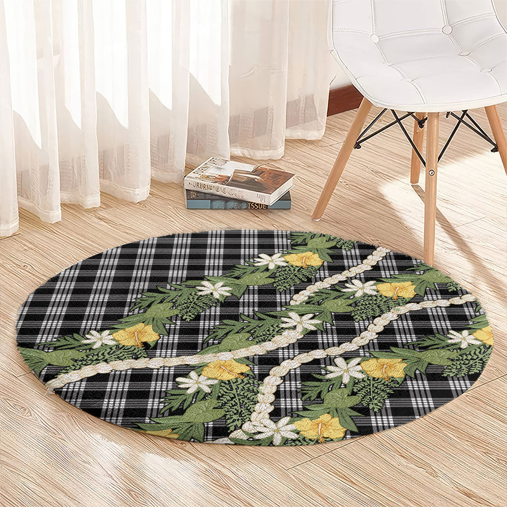 Aloha Puakenikeni Anthurium Pikake Lei Round Carpet Black Hawaiian Palaka Pattern