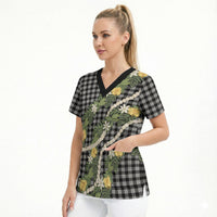Aloha Puakenikeni Anthurium Pikake Lei Scrub Top Black Hawaiian Palaka Pattern