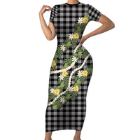 Aloha Puakenikeni Anthurium Pikake Lei Short Sleeve Bodycon Dress Black Hawaiian Palaka Pattern