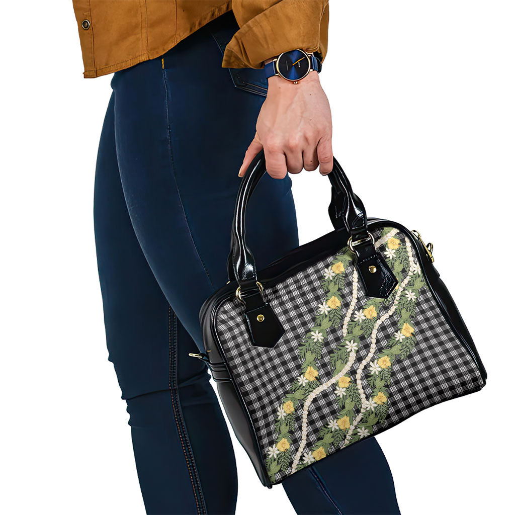 Aloha Puakenikeni Anthurium Pikake Lei Shoulder Handbag Black Hawaiian Palaka Pattern