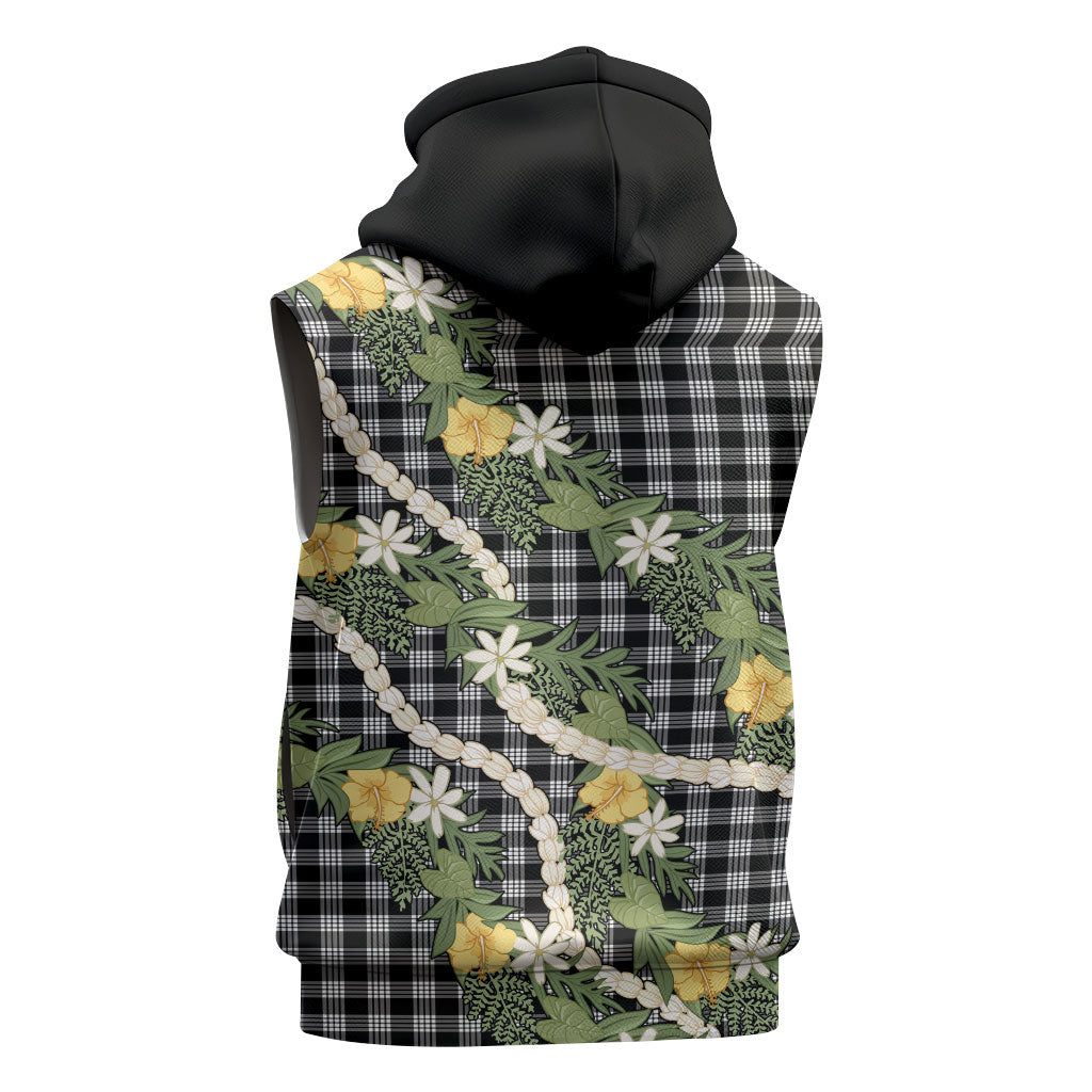 Aloha Puakenikeni Anthurium Pikake Lei Sleeveless Hoodie Black Hawaiian Palaka Pattern