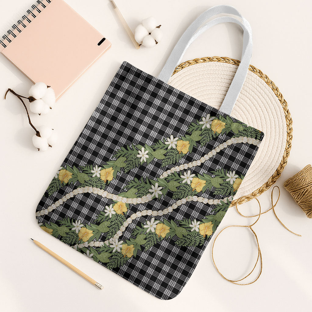 Aloha Puakenikeni Anthurium Pikake Lei Tote Bag Black Hawaiian Palaka Pattern