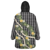 Aloha Puakenikeni Anthurium Pikake Lei Wearable Blanket Hoodie Black Hawaiian Palaka Pattern