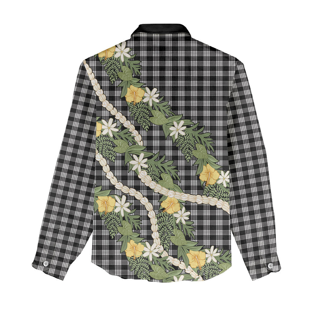 Aloha Puakenikeni Anthurium Pikake Lei Women Casual Shirt Black Hawaiian Palaka Pattern