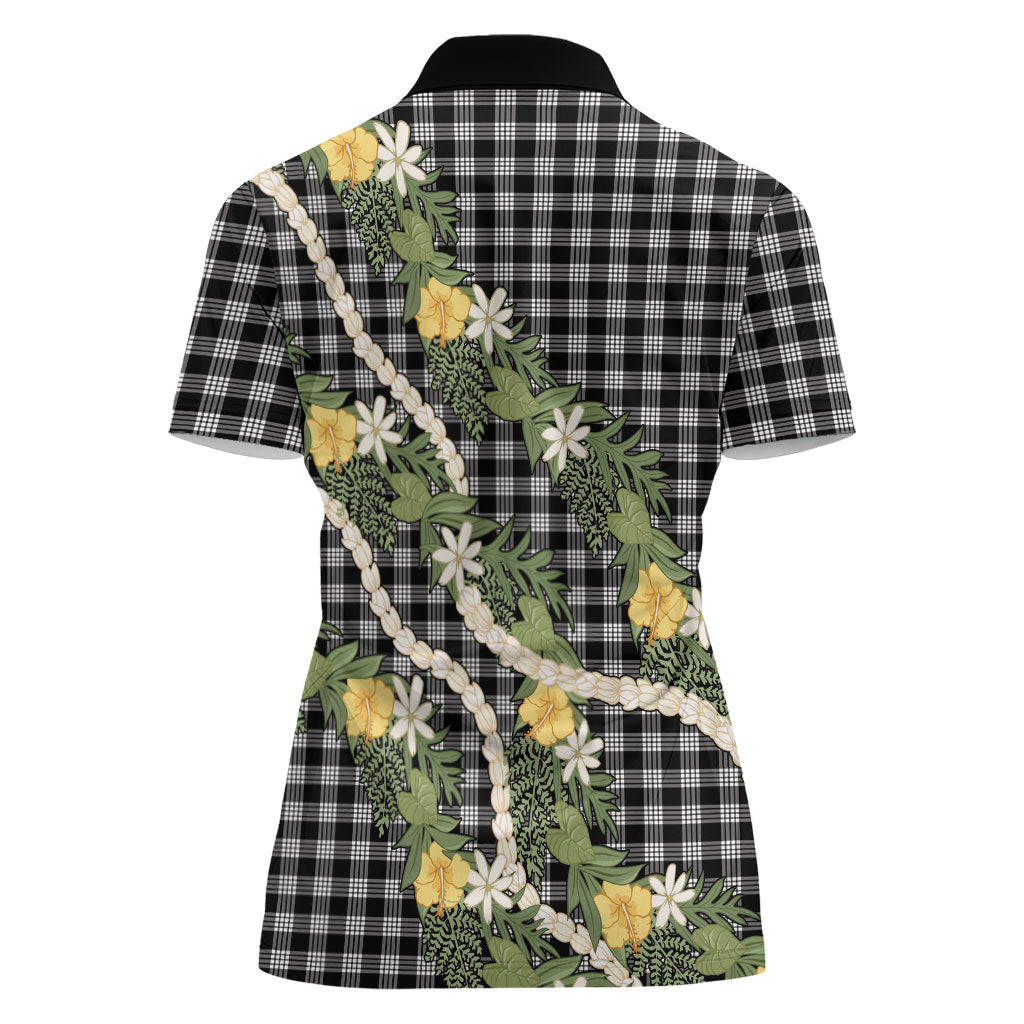 Aloha Puakenikeni Anthurium Pikake Lei Women Polo Shirt Black Hawaiian Palaka Pattern