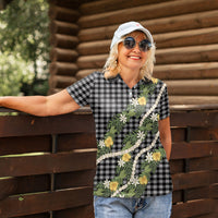 Aloha Puakenikeni Anthurium Pikake Lei Women Polo Shirt Black Hawaiian Palaka Pattern
