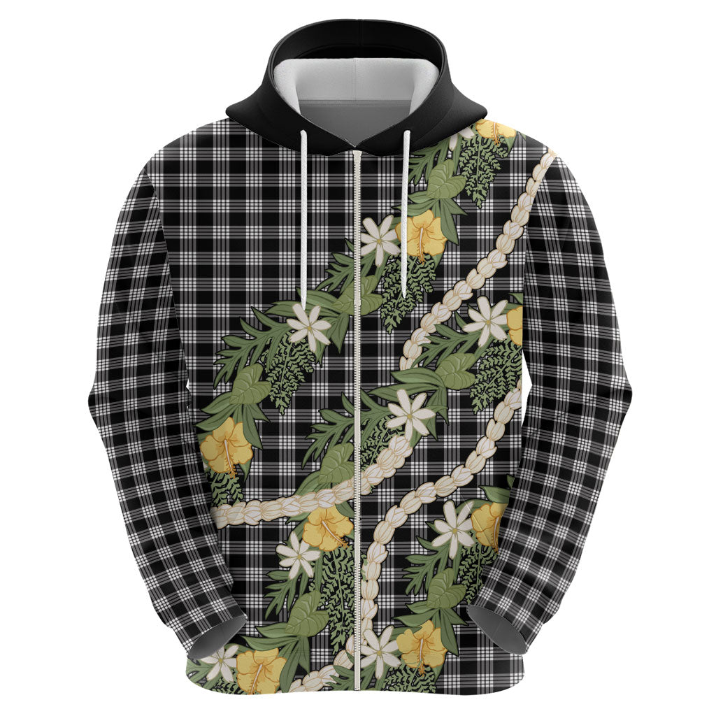 Aloha Puakenikeni Anthurium Pikake Lei Zip Hoodie Black Hawaiian Palaka Pattern