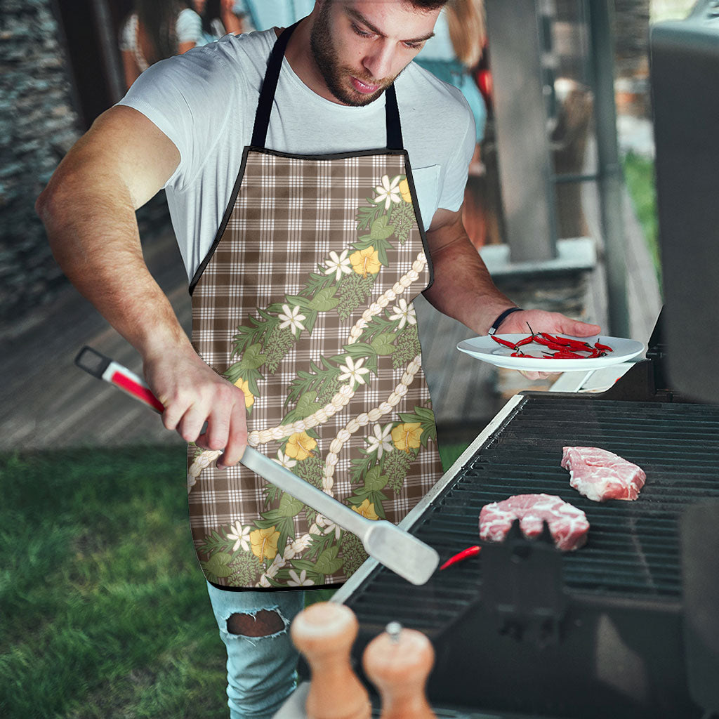 Aloha Puakenikeni Anthurium Pikake Lei Apron Chocolate Hawaiian Palaka Pattern