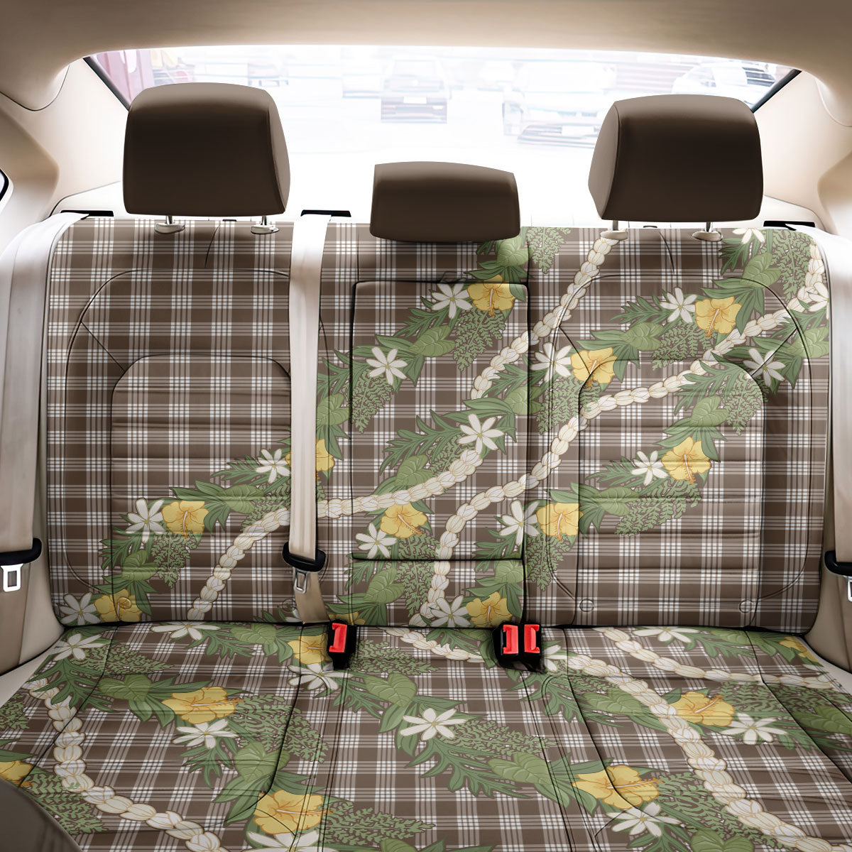 Aloha Puakenikeni Anthurium Pikake Lei Back Car Seat Cover Chocolate Hawaiian Palaka Pattern LT9 - Polynesian Pride