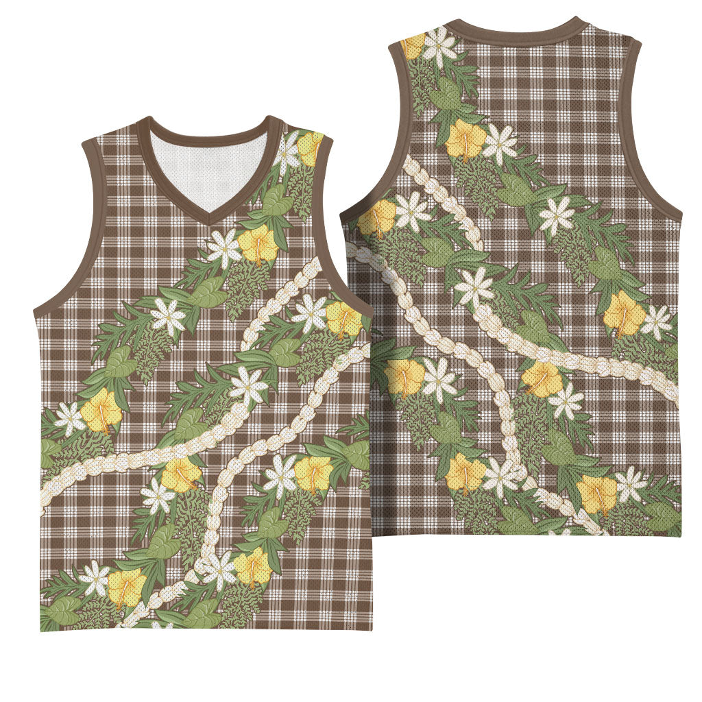 Aloha Puakenikeni Anthurium Pikake Lei Basketball Jersey Chocolate Hawaiian Palaka Pattern