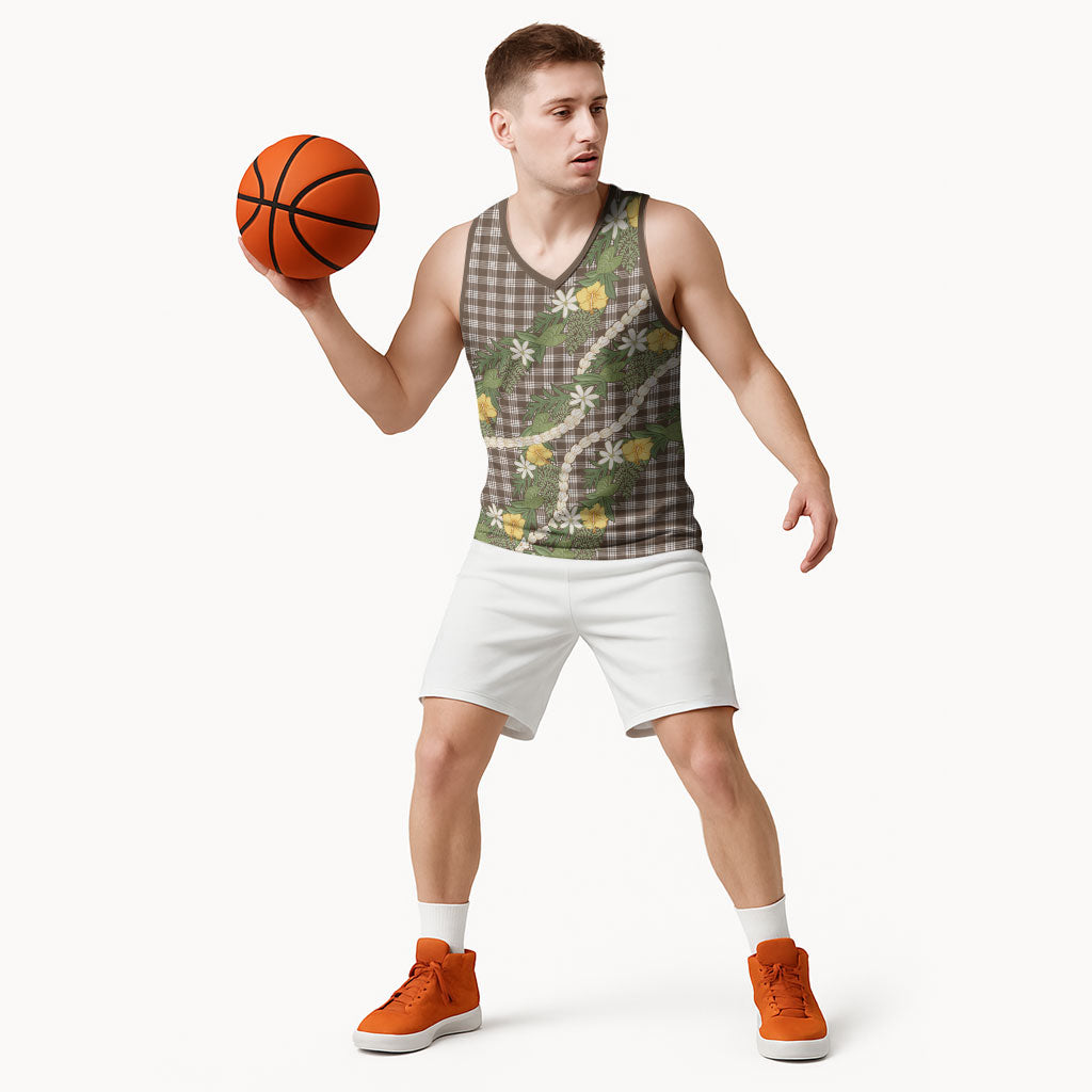Aloha Puakenikeni Anthurium Pikake Lei Basketball Jersey Chocolate Hawaiian Palaka Pattern