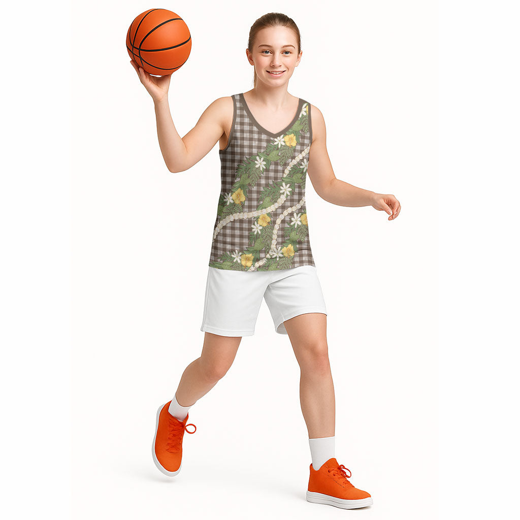 Aloha Puakenikeni Anthurium Pikake Lei Basketball Jersey Chocolate Hawaiian Palaka Pattern