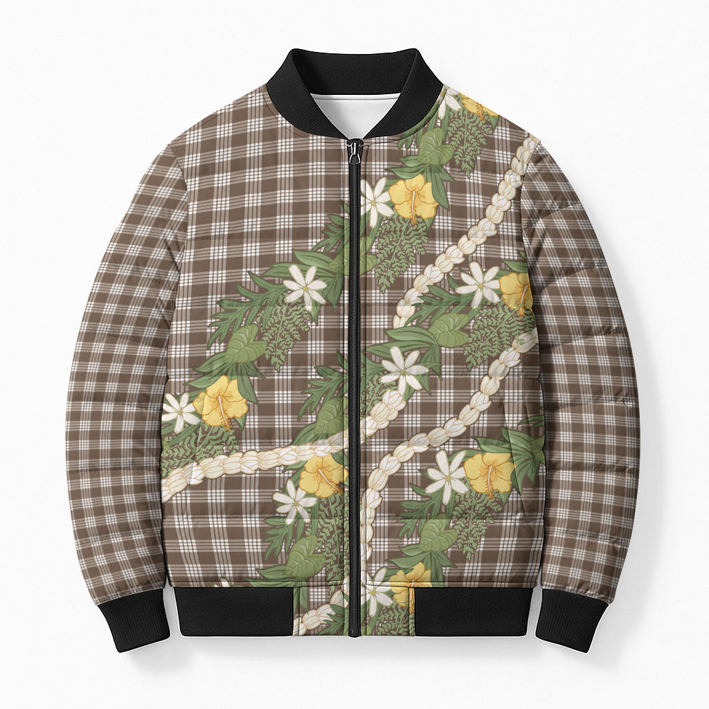 Aloha Puakenikeni Anthurium Pikake Lei Bomber Puffer Jacket Chocolate Hawaiian Palaka Pattern