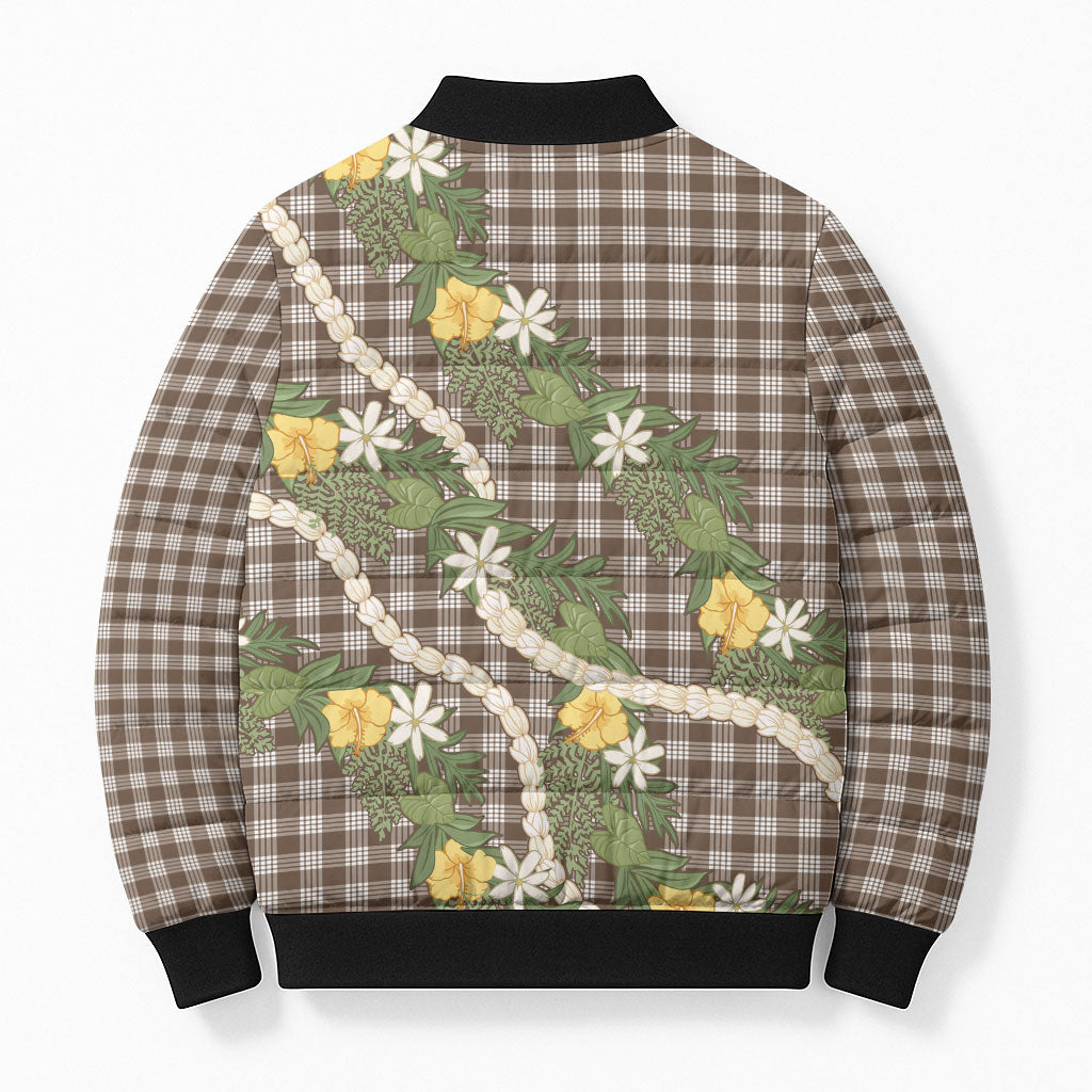 Aloha Puakenikeni Anthurium Pikake Lei Bomber Puffer Jacket Chocolate Hawaiian Palaka Pattern