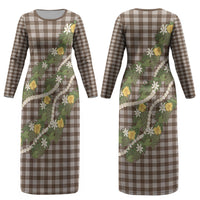 Aloha Puakenikeni Anthurium Pikake Lei Couples Matching Long Sleeve Bodycon Dress and Hawaiian Shirt Chocolate Hawaiian Palaka Pattern LT9 - Polynesian Pride
