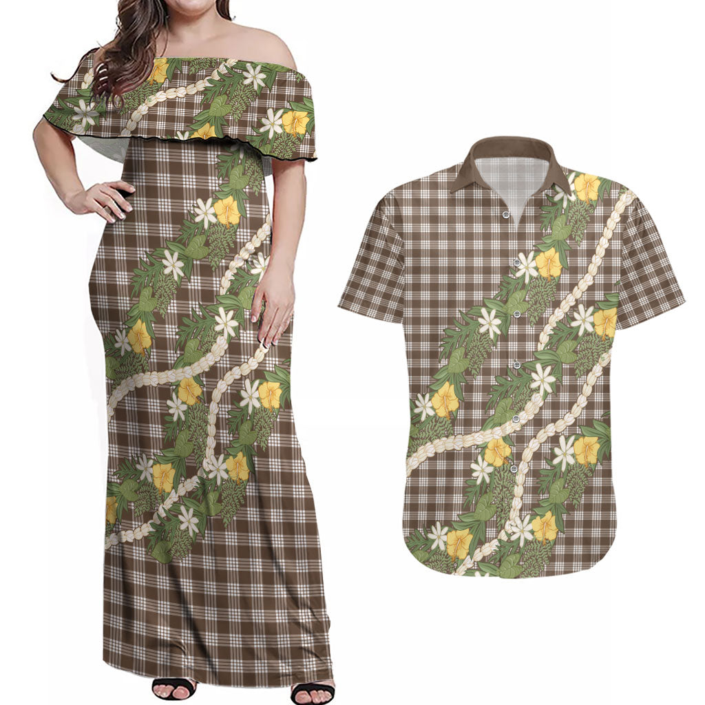 Aloha Puakenikeni Anthurium Pikake Lei Couples Matching Off Shoulder Maxi Dress and Hawaiian Shirt Chocolate Hawaiian Palaka Pattern